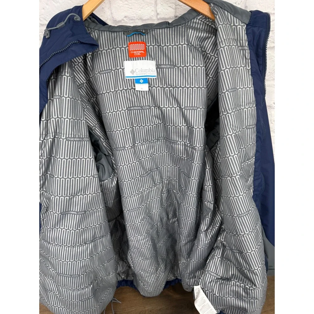 Columbia Thermal Coil Winter Jacket Mens XL Navy Blue Grey Colorblock Hooded